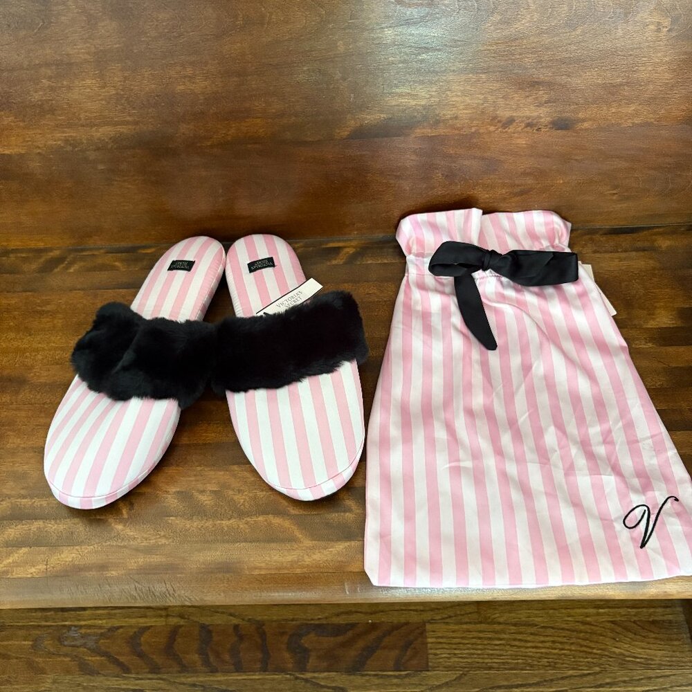 Victoria's Secret Satin Slippers Faux Fur Striped Pink White Black Cozy Luxe L